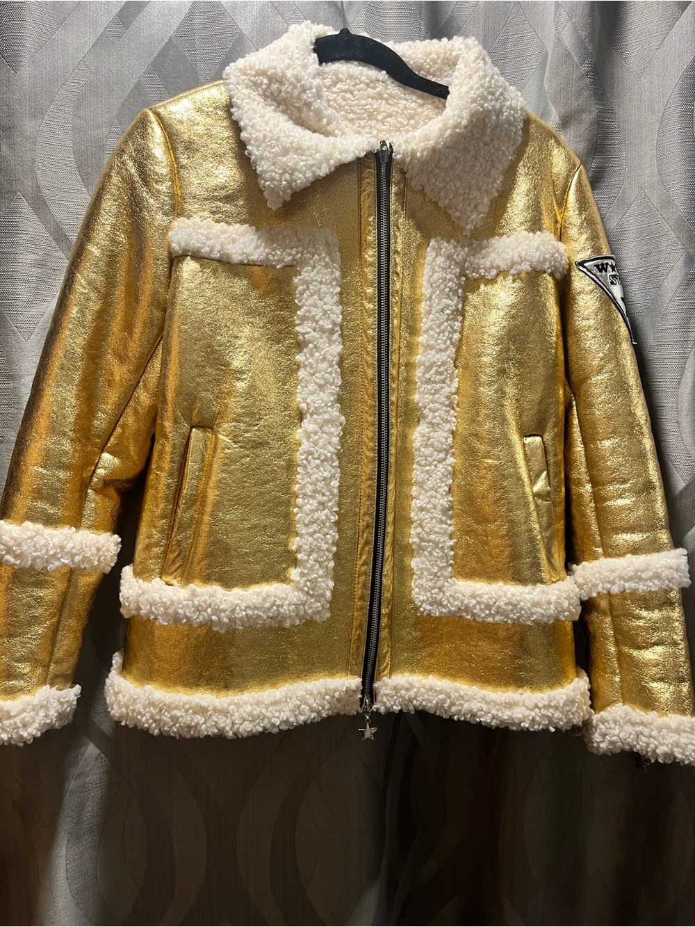 Wonder Style metallic gold faux leather shearling aviator jacket